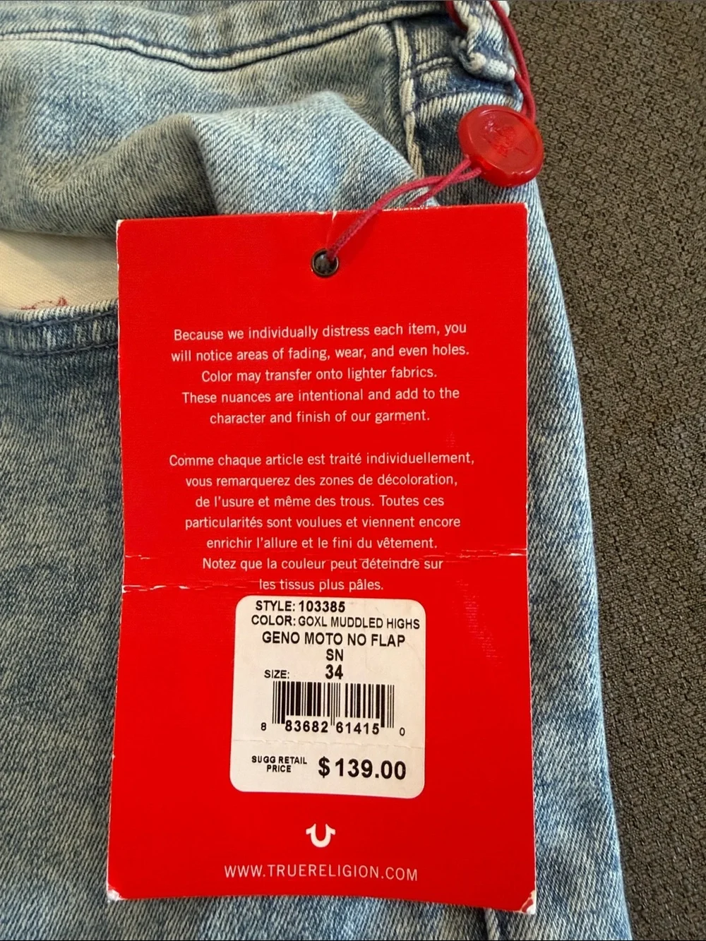 True Religion Acid Wash Blue Moto Jeans with Ribbed Knee